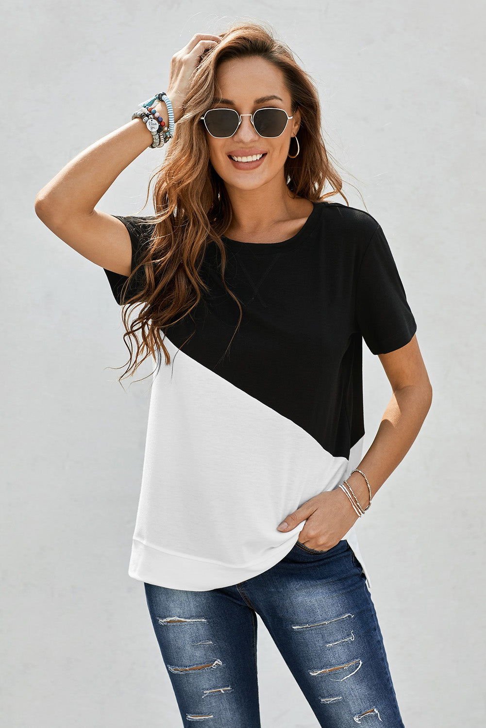 Full Size Two-Tone Round Neck Tee