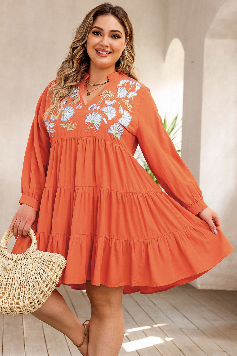 Plus Size Notched Neck Printed Long Sleeve Orange Mini Dress