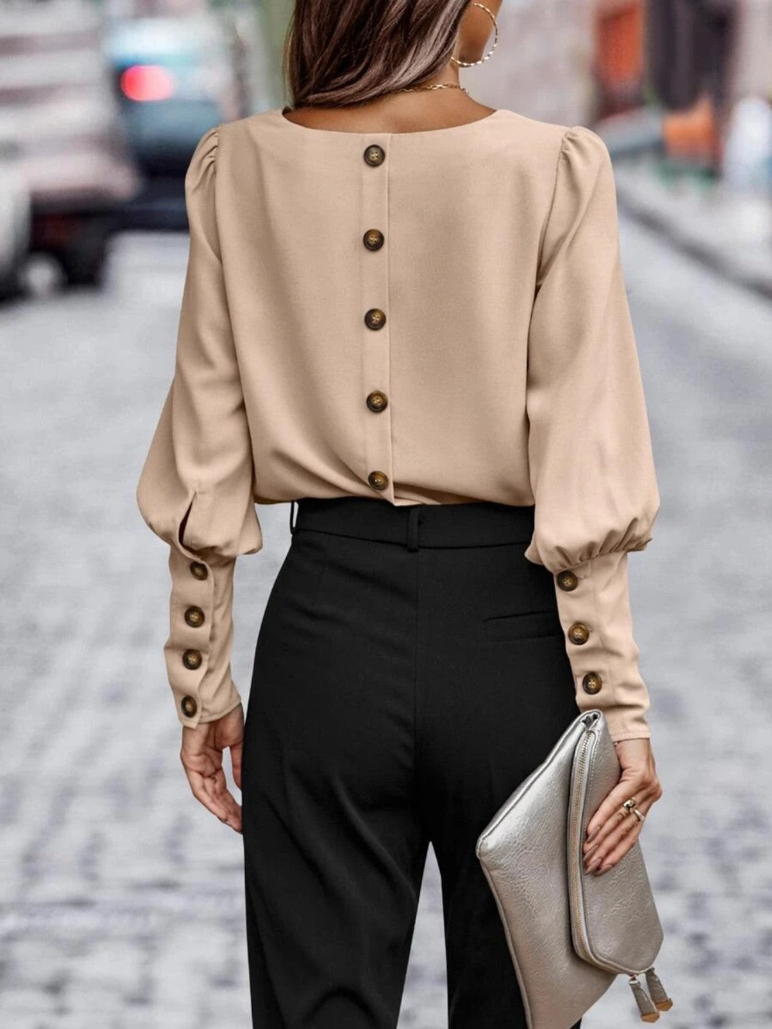 Full Size Round Neck Lantern Sleeve Blouse