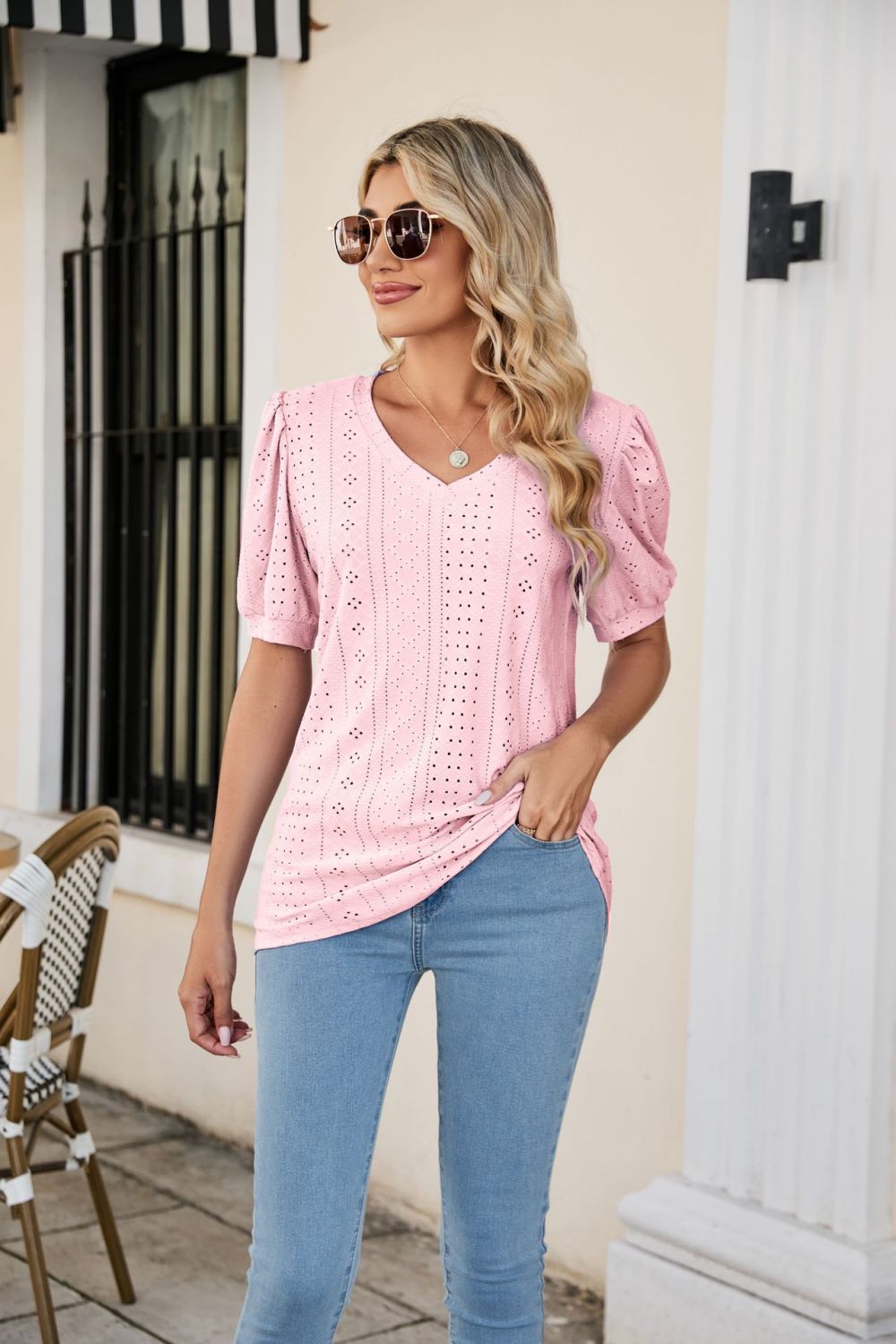 Full Size Eyelet Puff Sleeve V-Neck Top