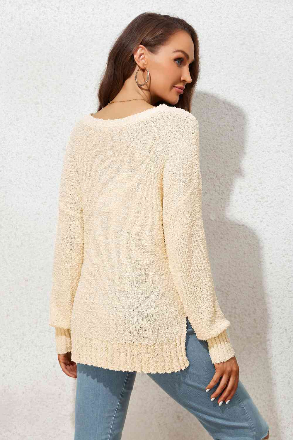 KnittedEmporium Full Size V-Neck Drop Shoulder Slit Sweater