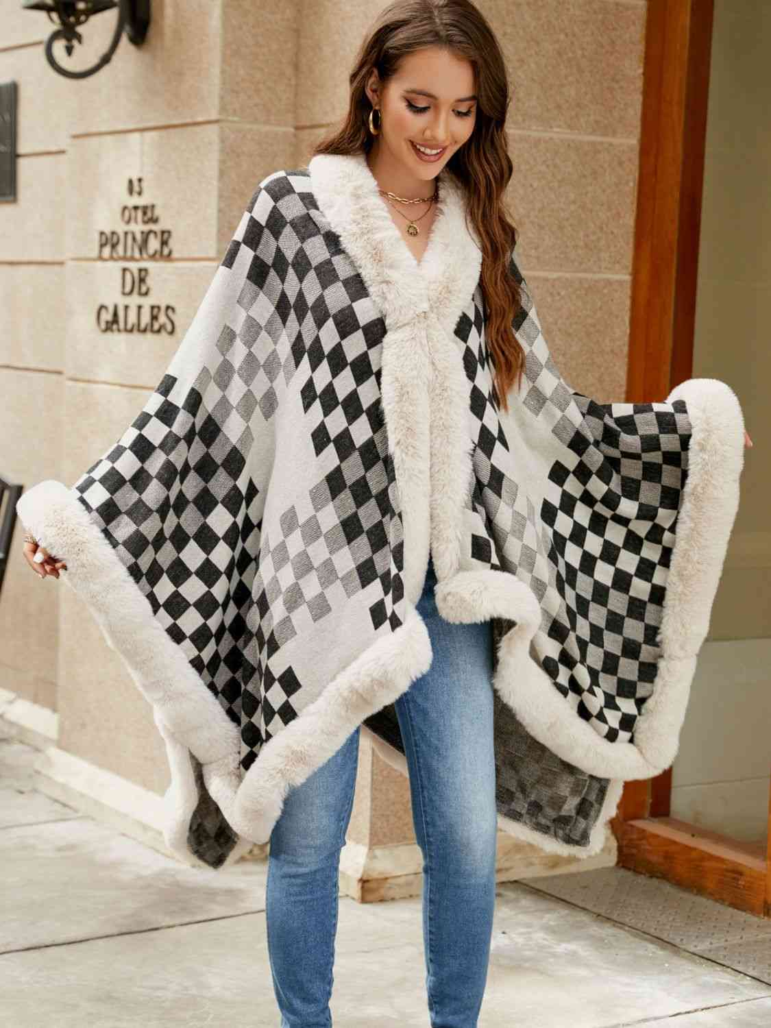 Savannah Jay One Size Checkered Faux Fur Trim Poncho