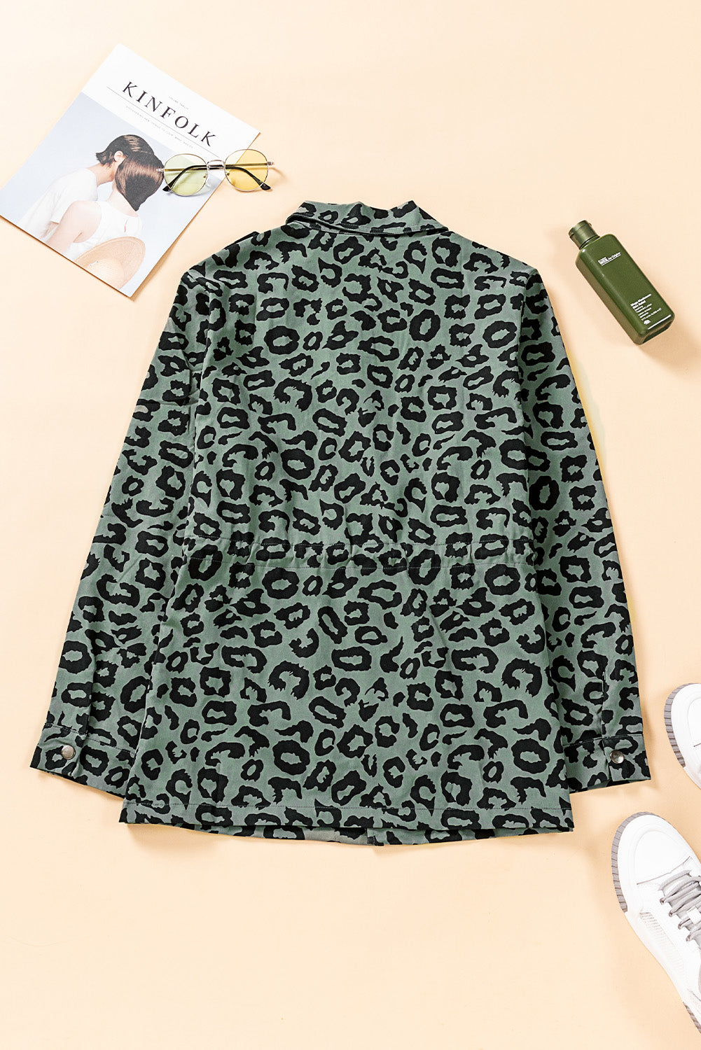 Full Size Leopard Drawstring Waist Jacket with Pockets