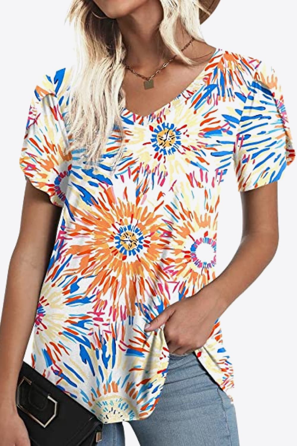 Full Size Printed Petal Sleeve V-Neck Blouse