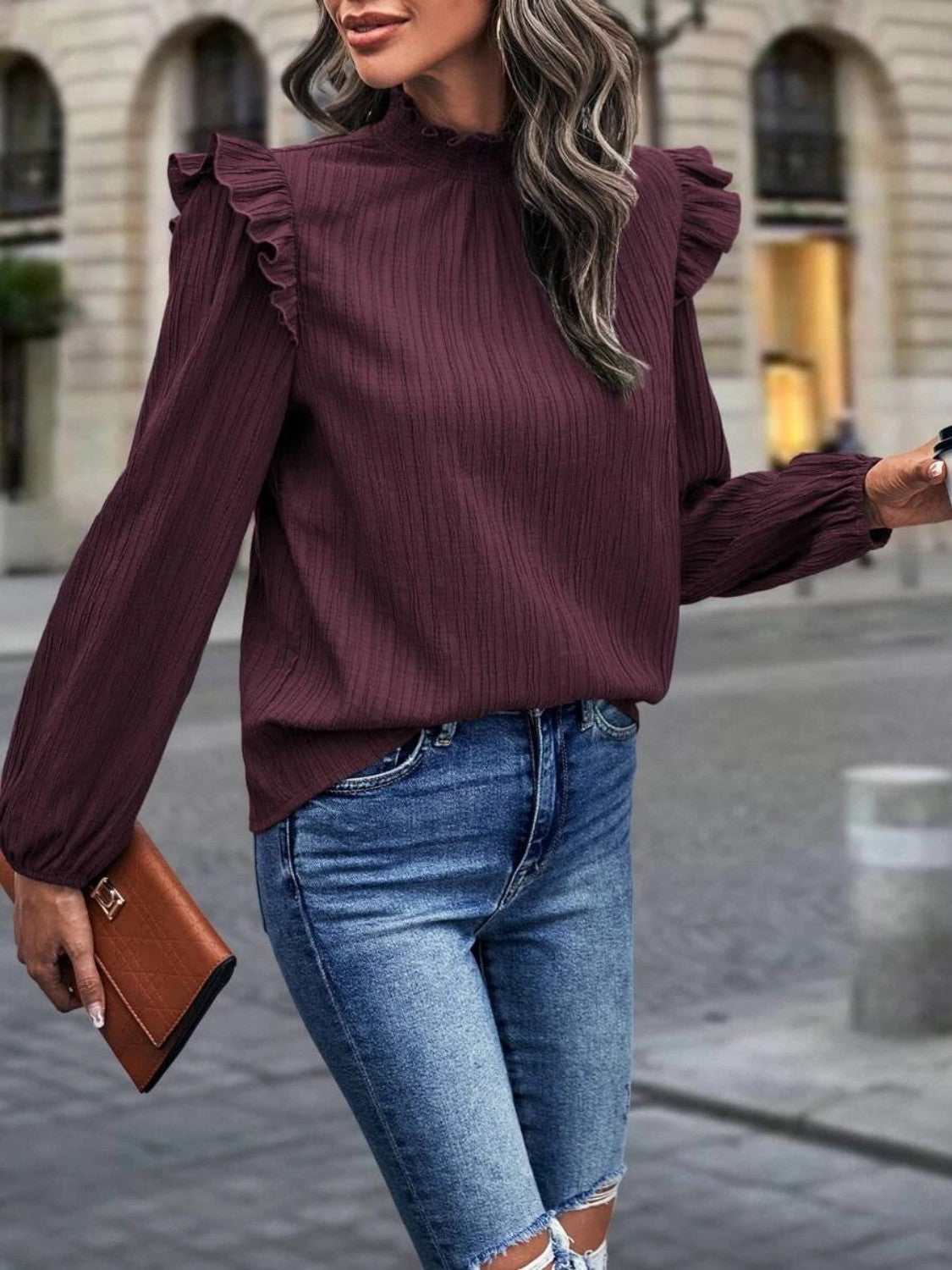 Full Size Mock Neck Ruffle Shoulder Blouse