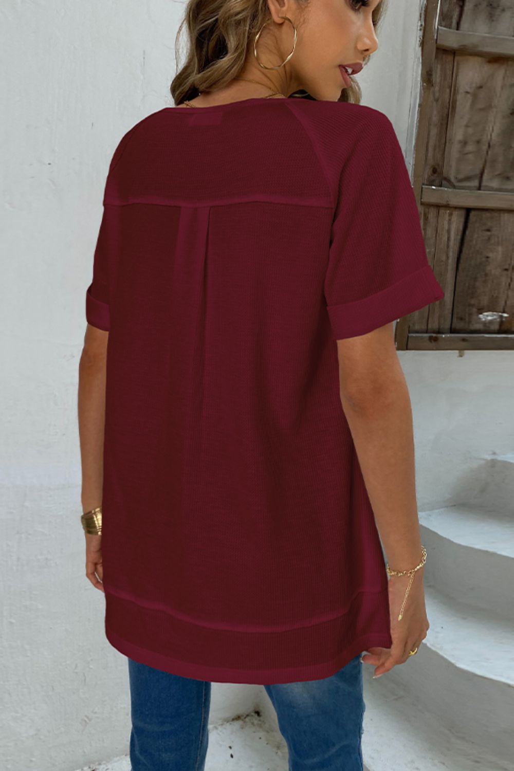 Full Size Cuffed Sleeve Henley Top