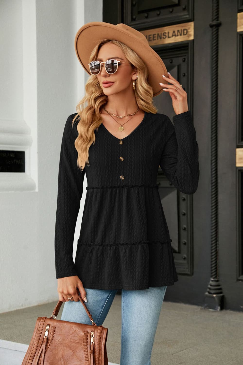 Full Size Long Sleeve V-Neck Cable-Knit Blouse