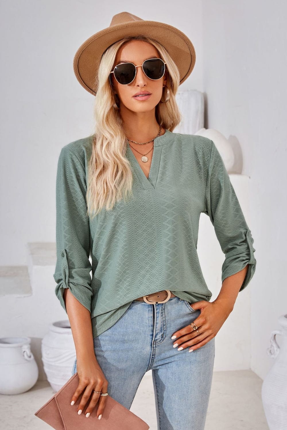 Full Size V-Neck Roll-Tap Sleeve Blouse