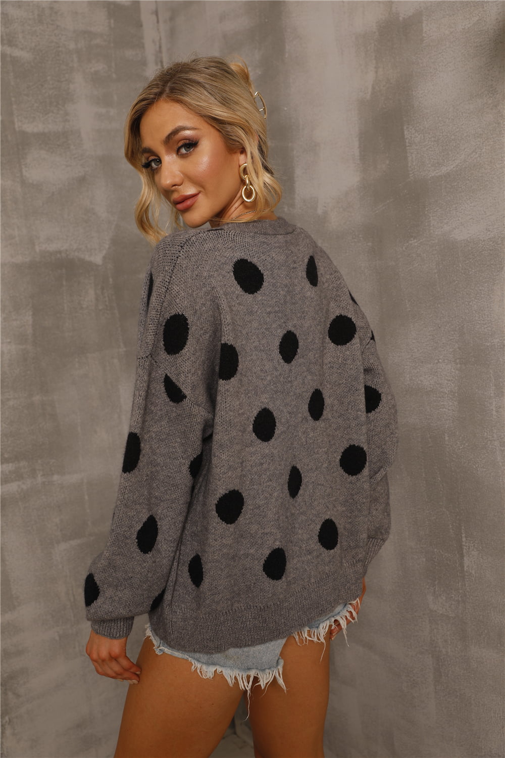 Dropped Shoulder Polka Dot Cardigan