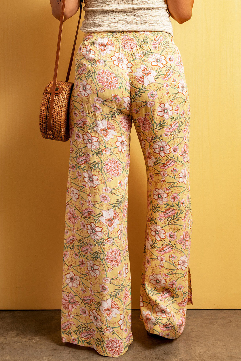 Floral Slit Wide Leg Pants in Mustard