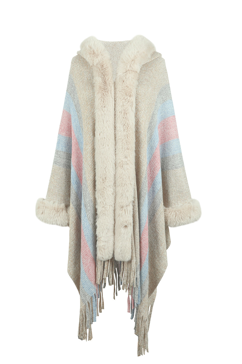 One Size Color Block Fringe Detail Poncho