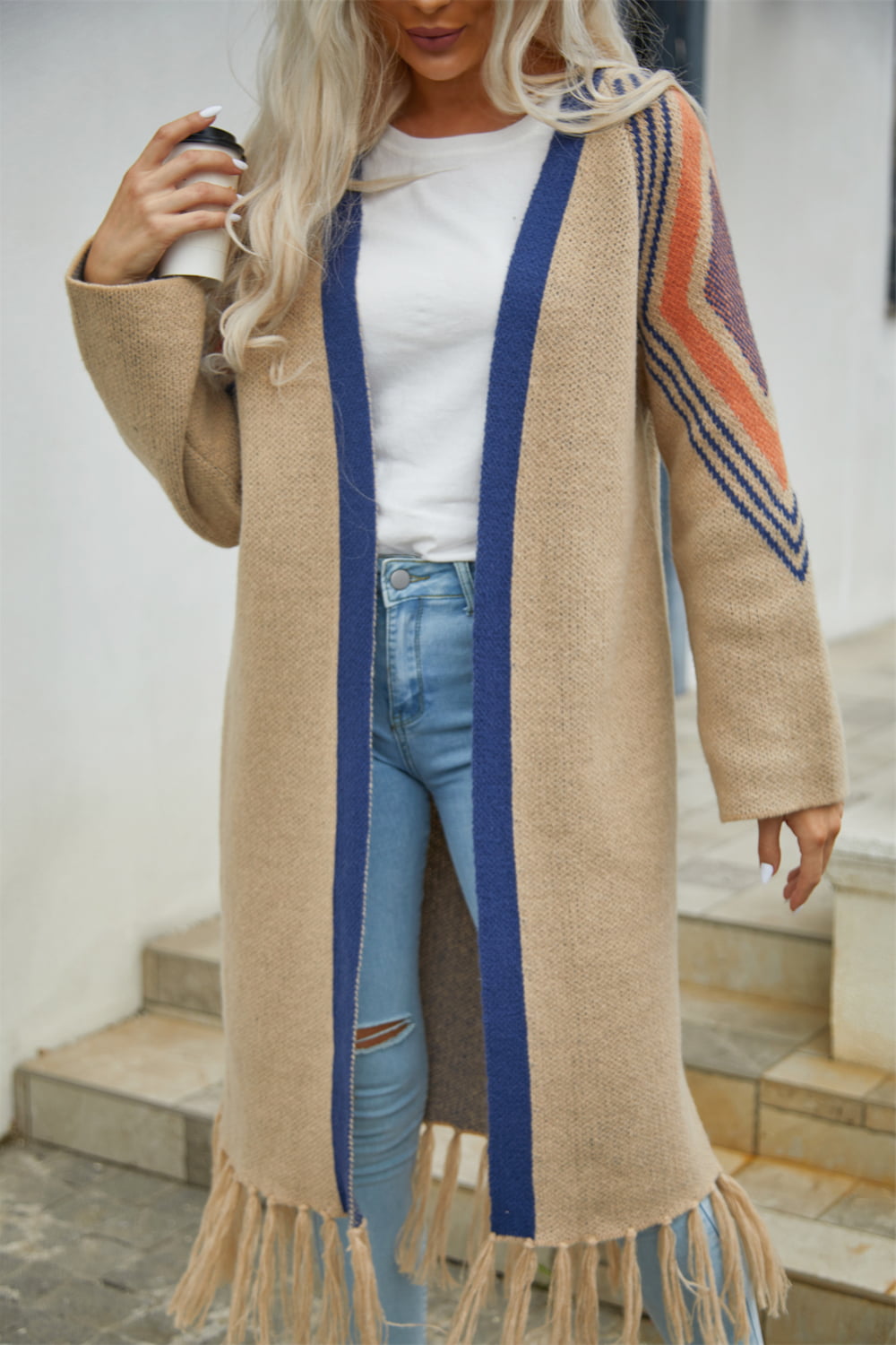 Geometric Fringe Hem Open Front Duster Cardigan