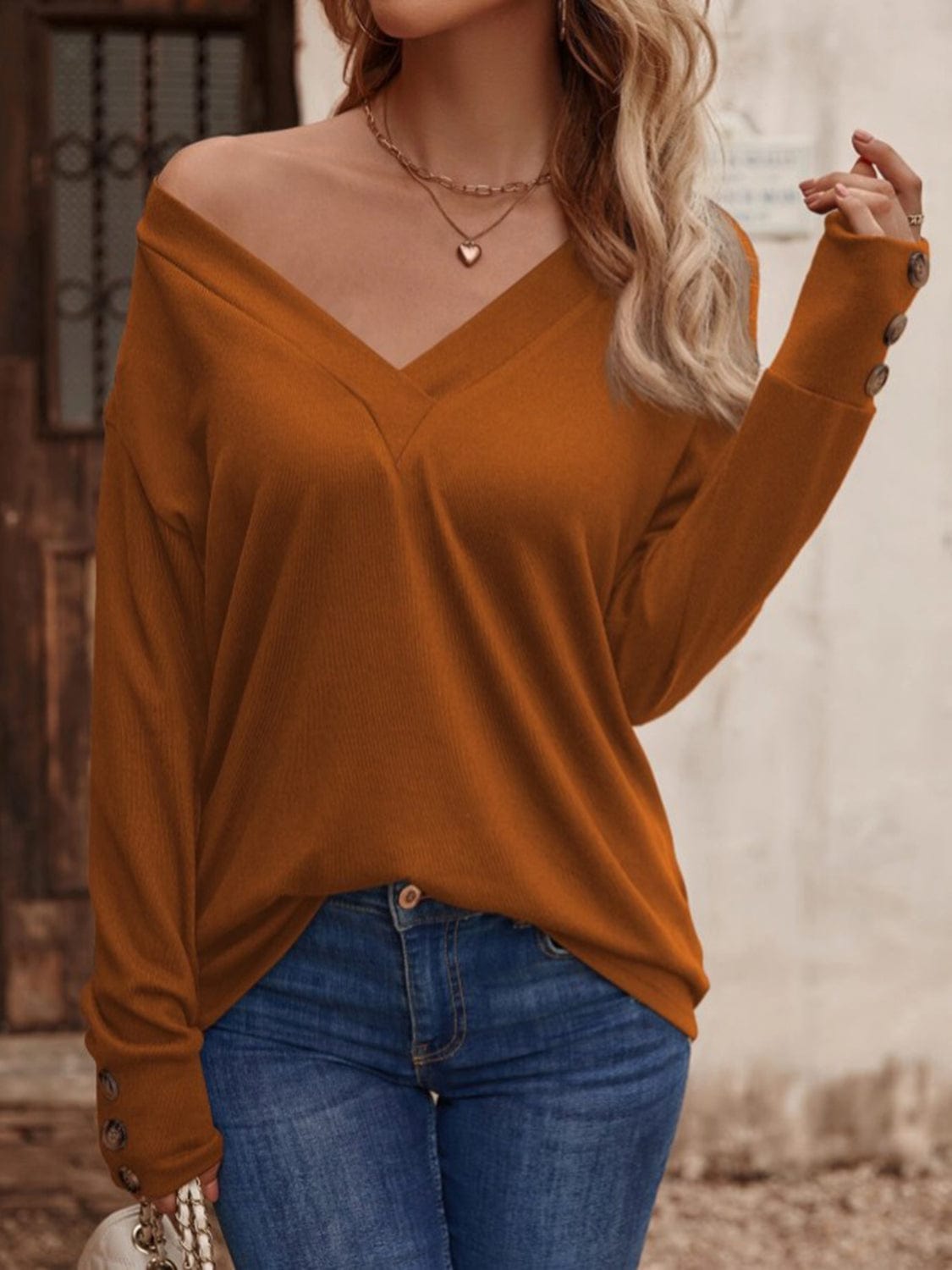 Full Size V-Neck Long Sleeve Top