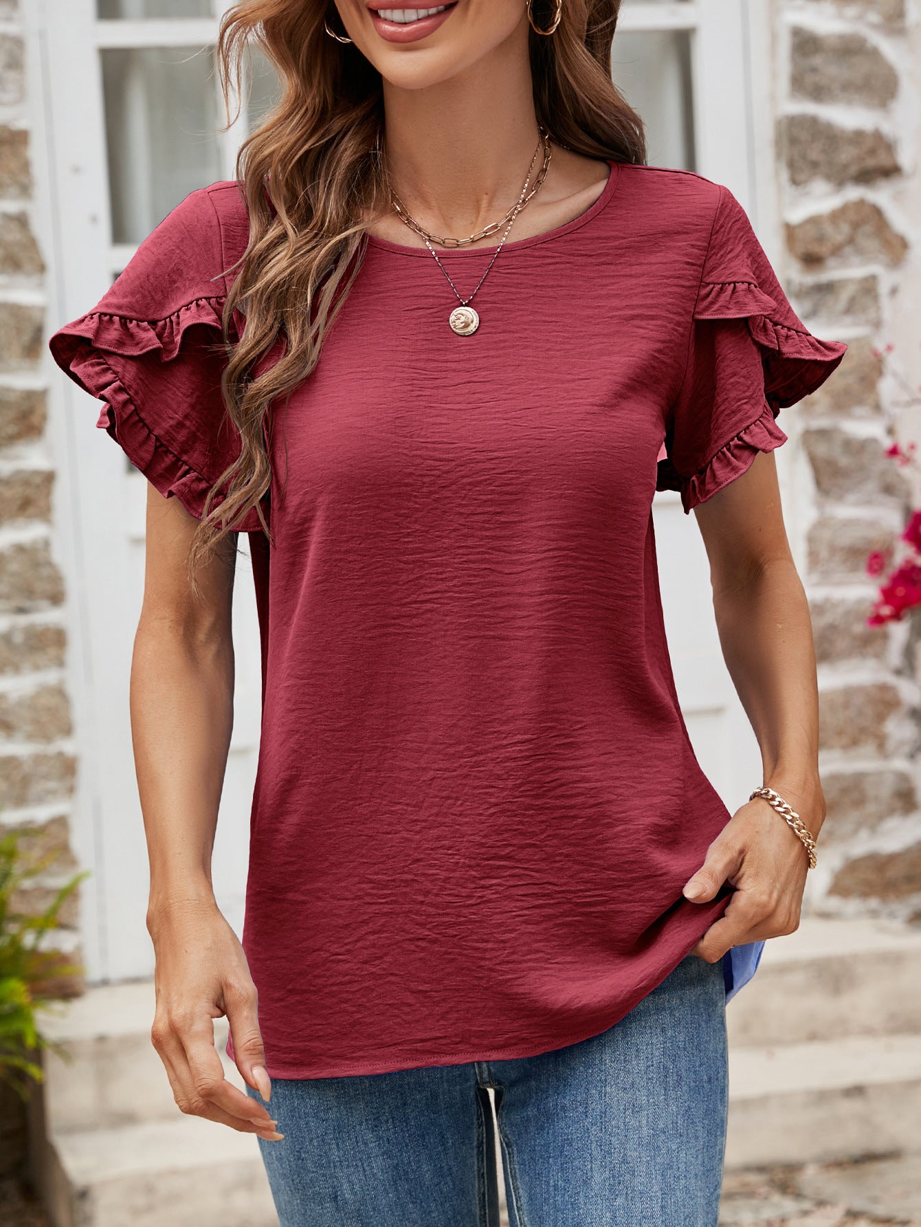 Malibu Dreams Textured Petal Sleeve Round Neck Tee