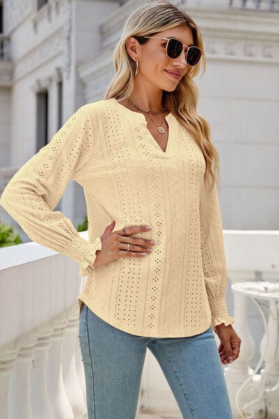 Laura Jay Eyelet Notched Lantern Sleeve T-Shirt