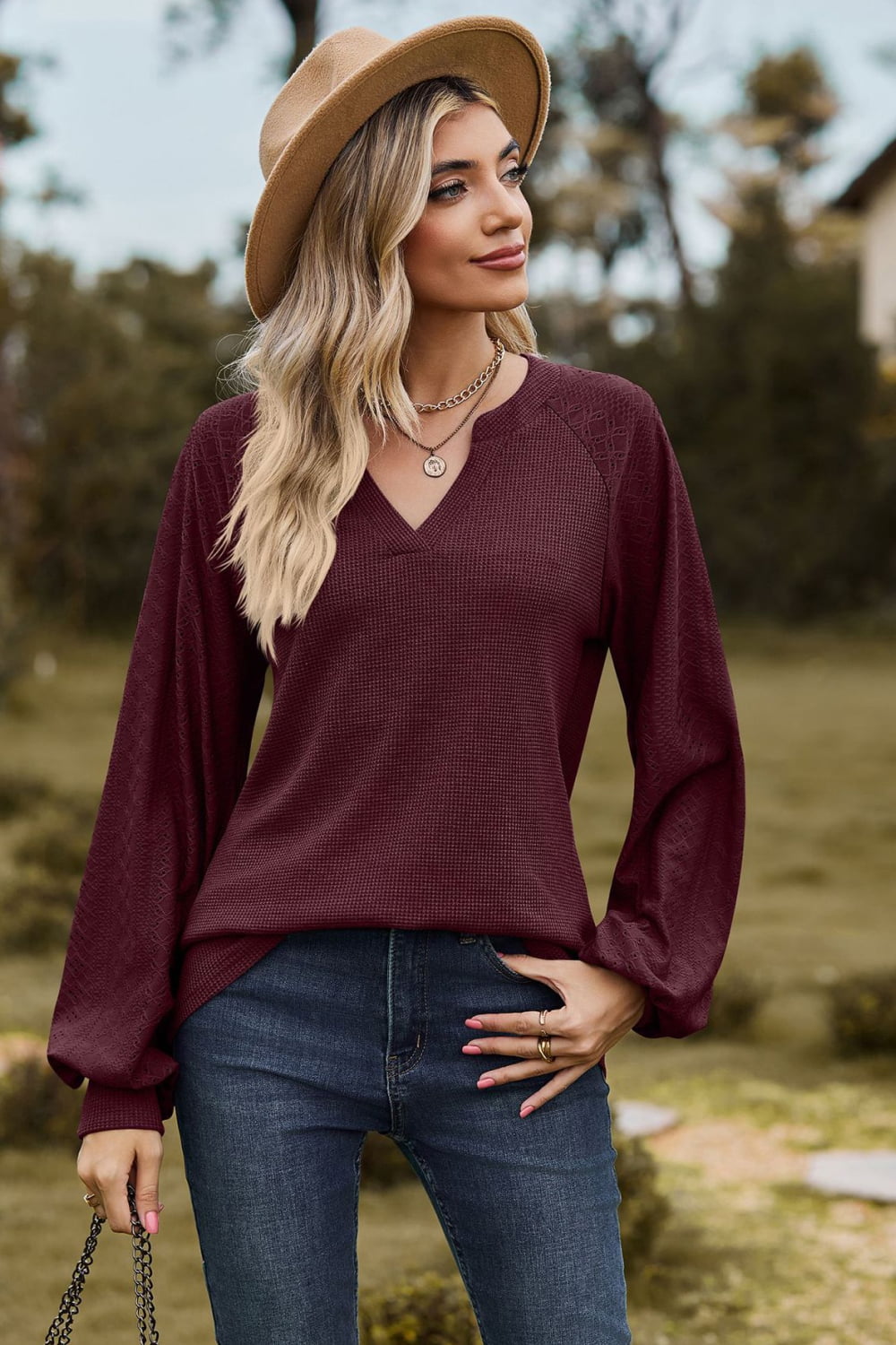 Full Size Notched Neck Raglan Sleeve Blouse