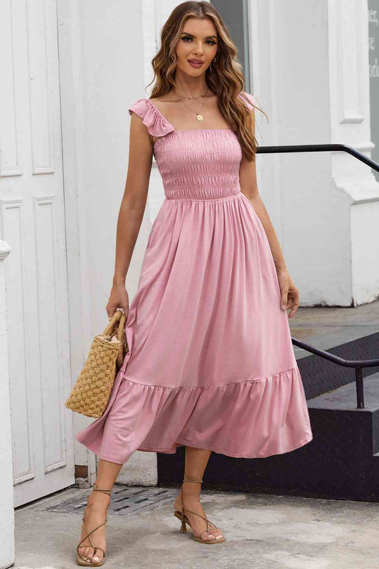 Smocked Square Neck Midi Dress