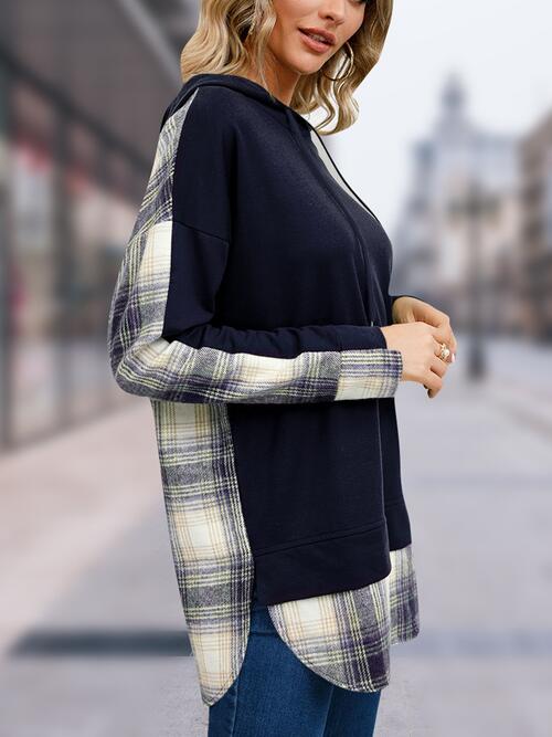 Jaylynn Plaid Drawstring Long Sleeve Slit Hoodie