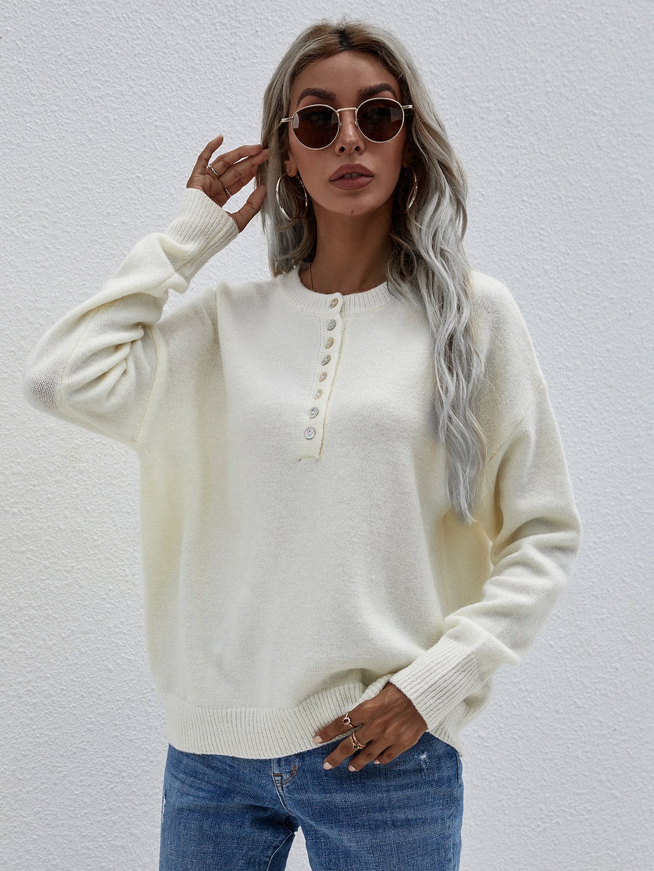 Women's Half Button Long Sleeve Henley Sweater