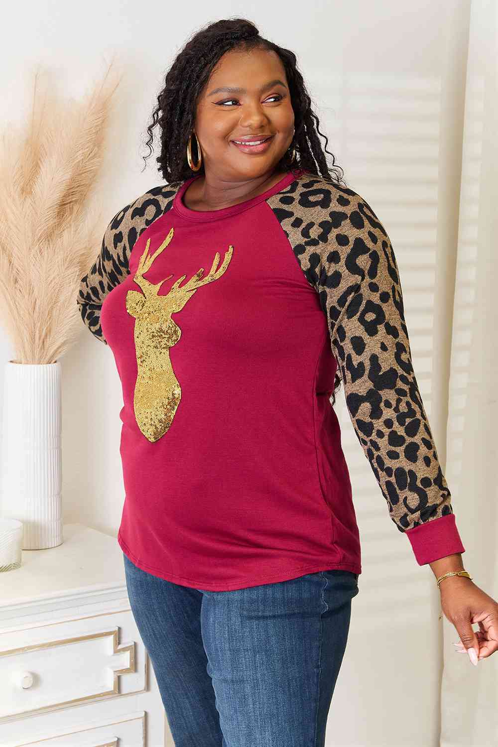 Heimish Full Size Christmas Animal Print Reindeer Top