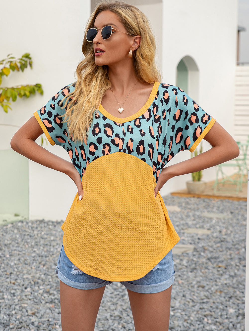 SOSPRING Leopard Waffle-Knit Short Sleeve Top