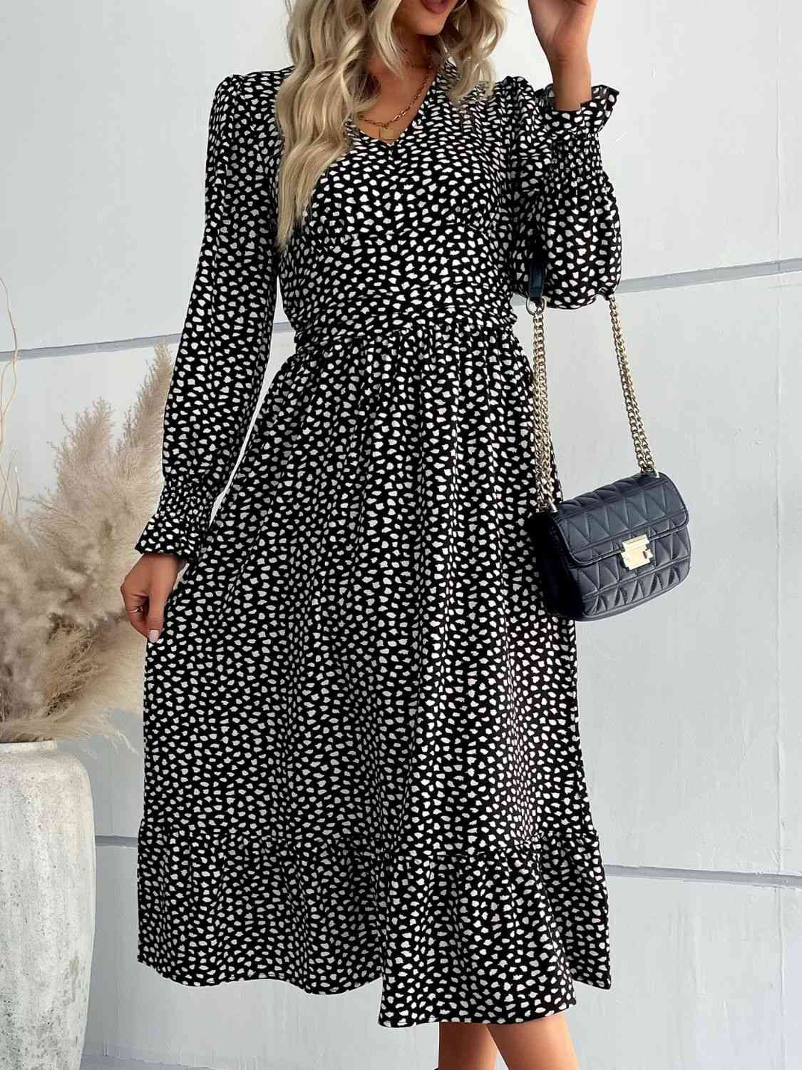 Printed Flounce Sleeve V-Neck Black Midi Dress