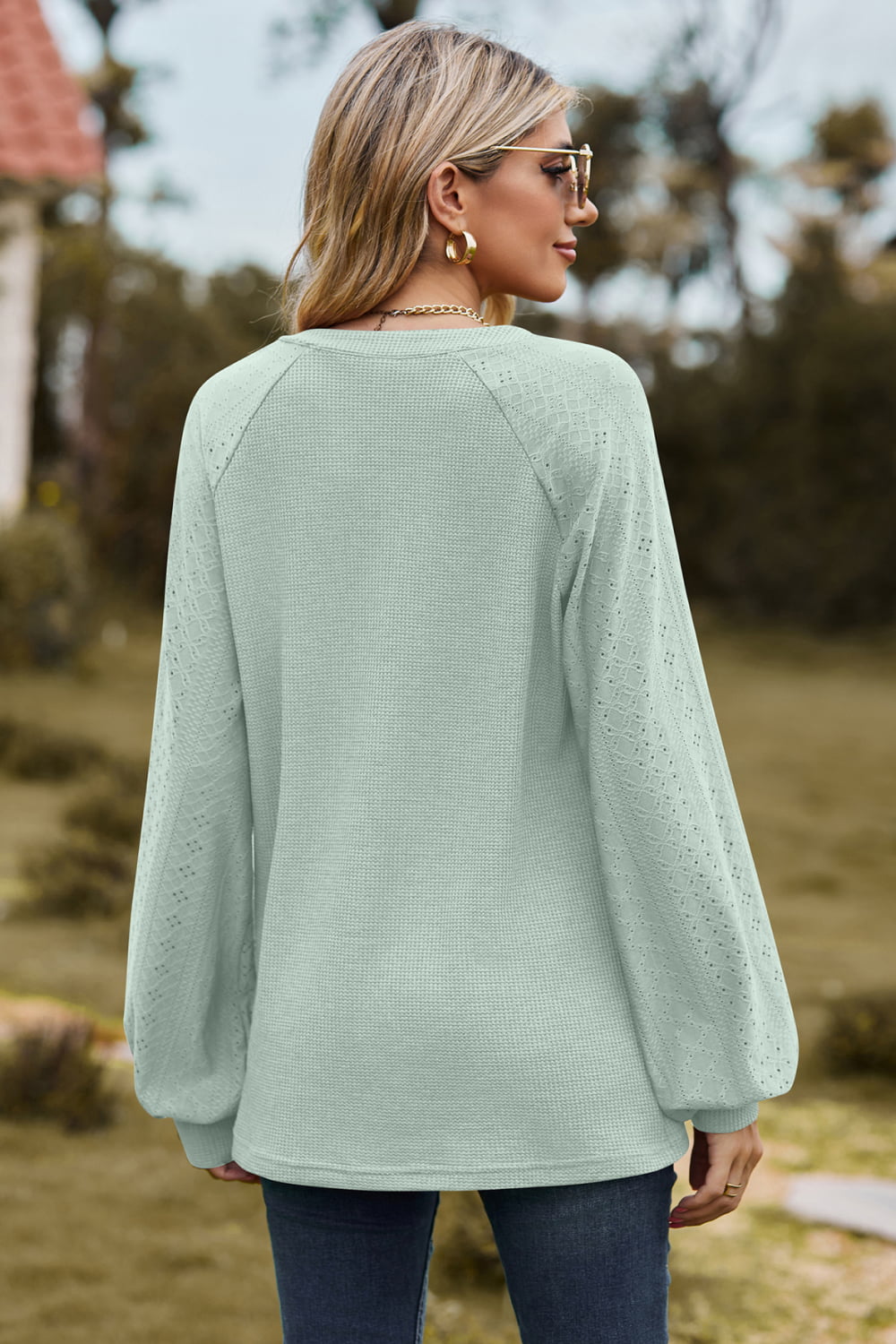 Full Size Notched Neck Raglan Sleeve Blouse