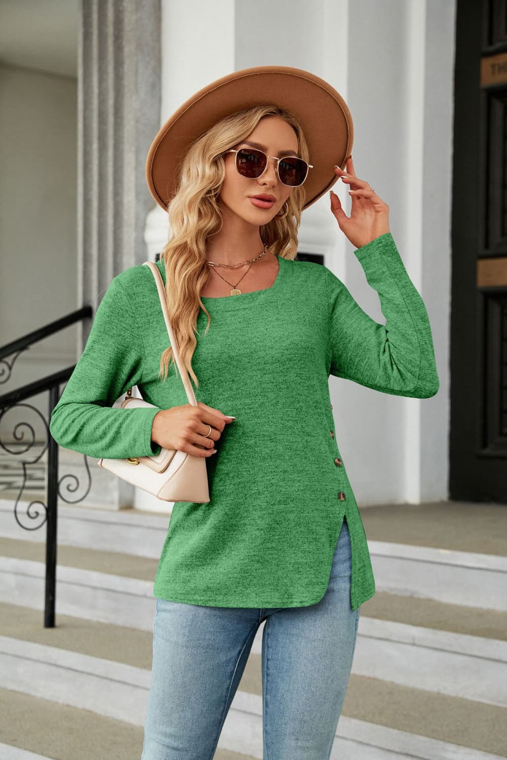 Full Size Square Neck Long Sleeve Slit T-Shirt