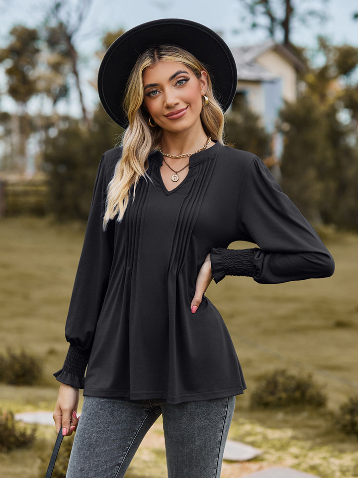 Full Size Notched Neck Flounce Sleeve Blouse