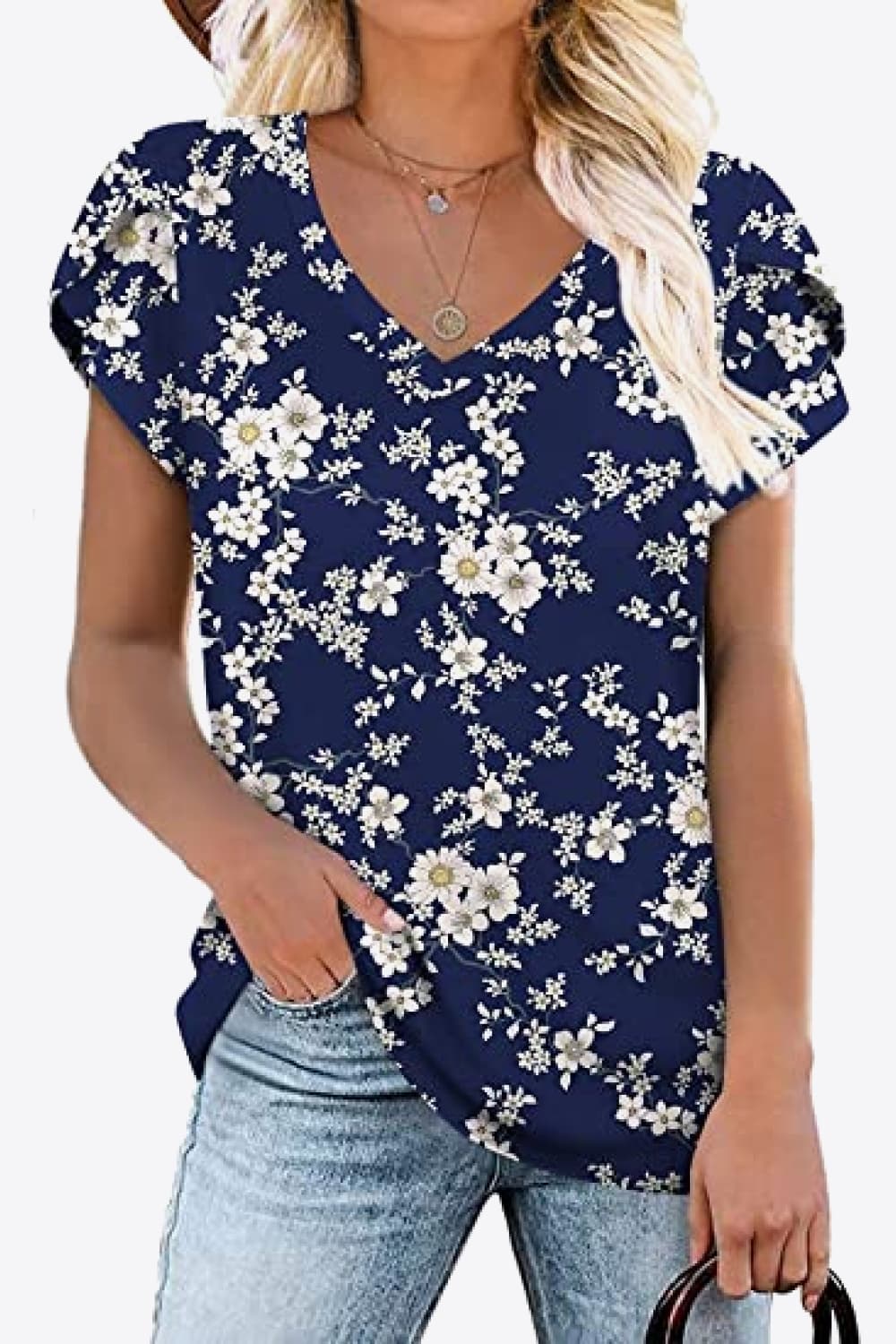 Full Size Printed Petal Sleeve V-Neck Blouse