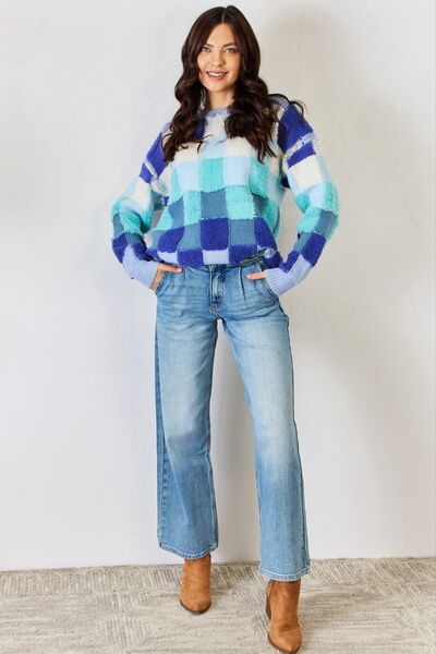 J.NNA Blue Multi Checkered Round Neck Long Sleeve Sweater