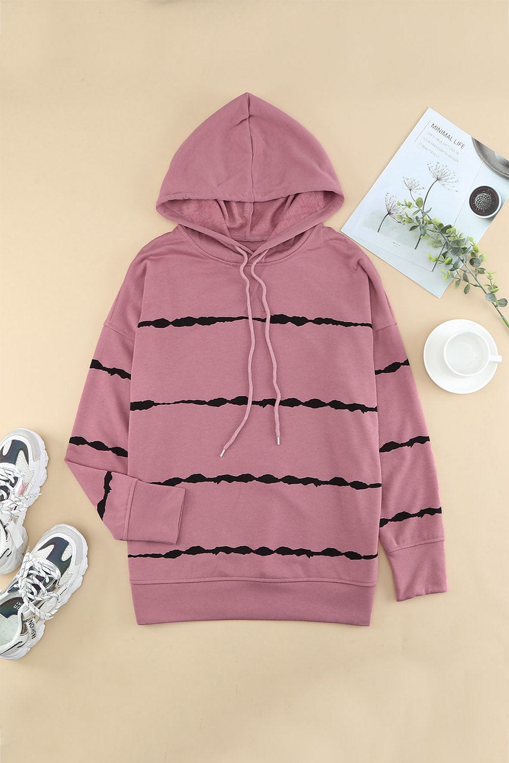 Drawstring Striped Dropped Shoulder Hoodie