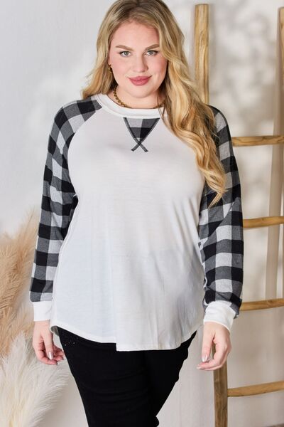 Hailey & Co Full Size Gray Plaid Raglan Sleeve Round Neck Blouse