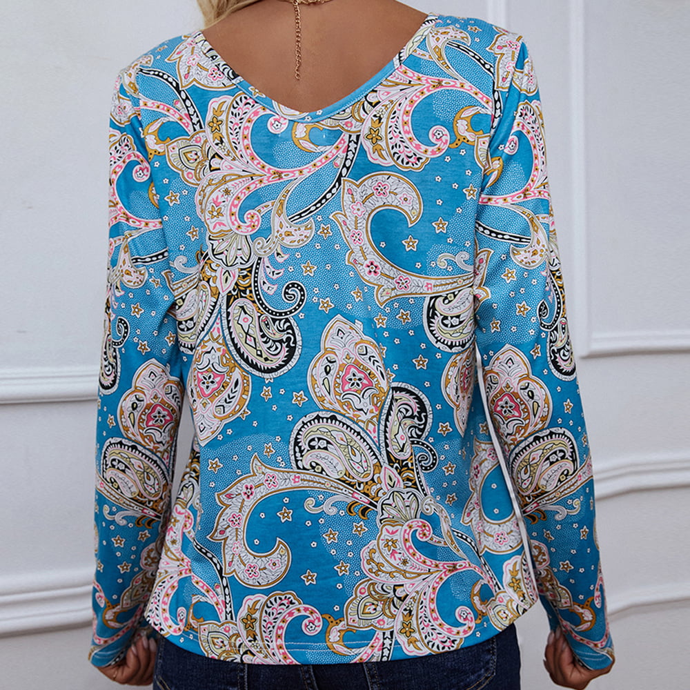 Full Size Printed V-Neck Long Sleeve Blouse