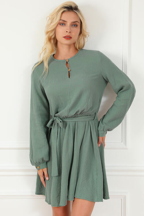 Tie Front Long Sleeve Gum Leaf Green Mini Dress