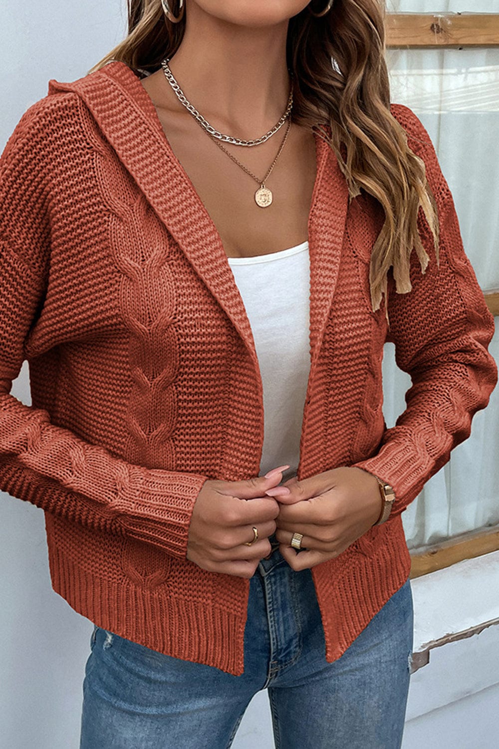 LakenLea Cable-Knit Dropped Shoulder Hooded Cardigan