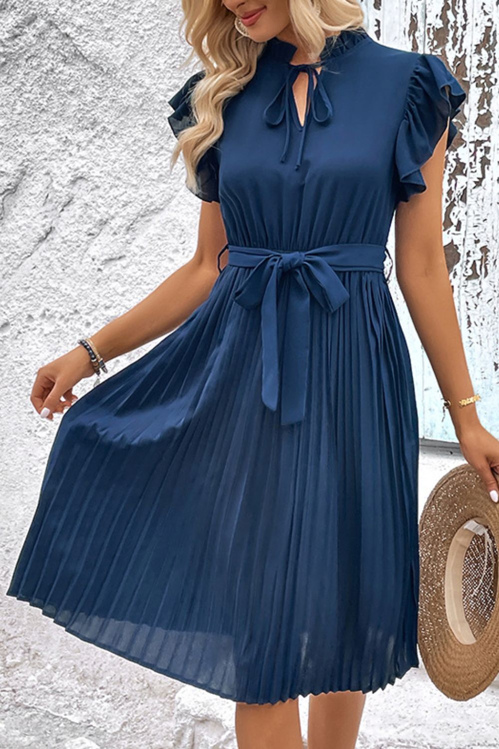 SO JAMAH Tie Neck Belted Pleated Dress
