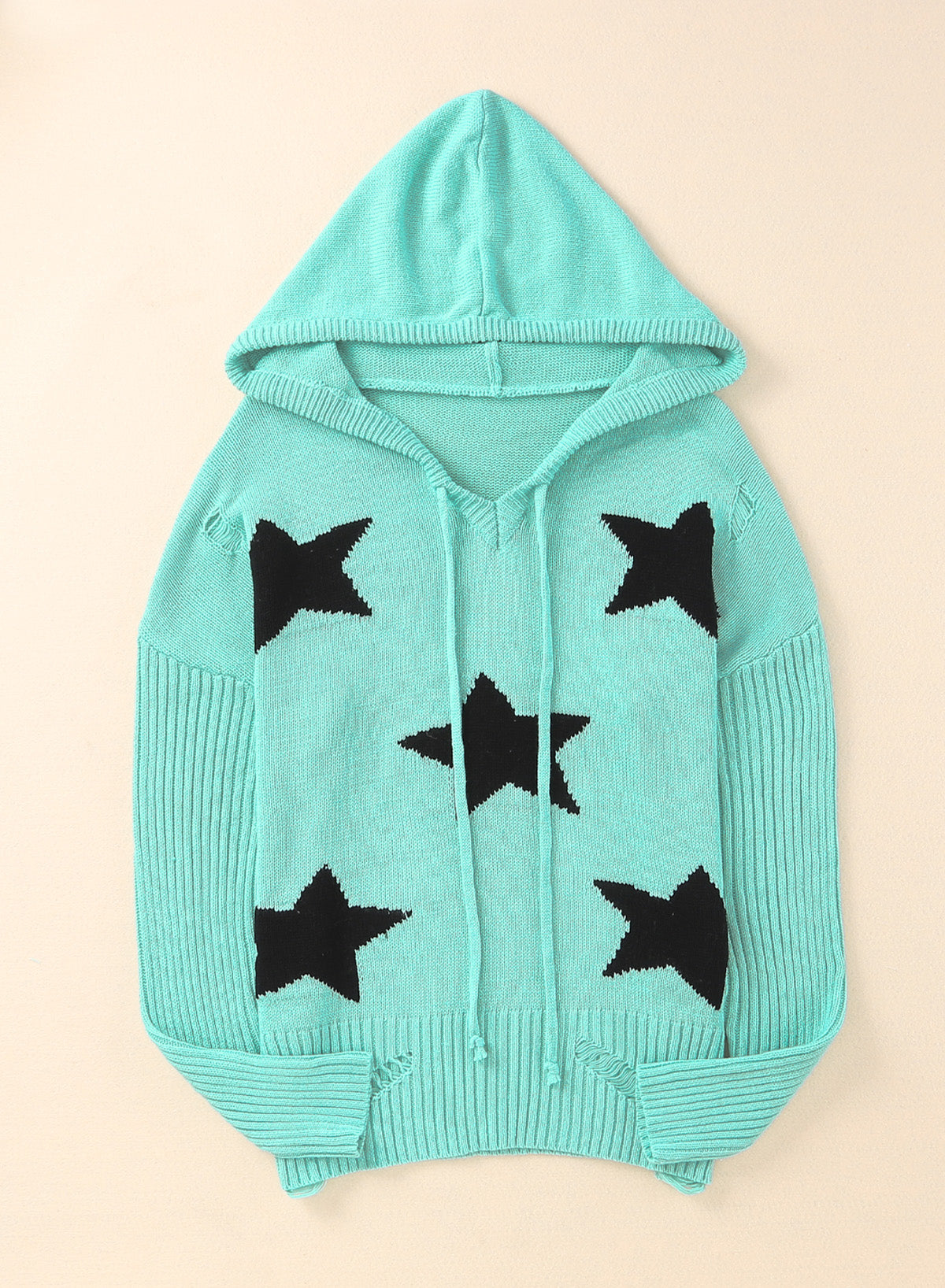 Full Size Star Distressed Slit Hooded Sweater