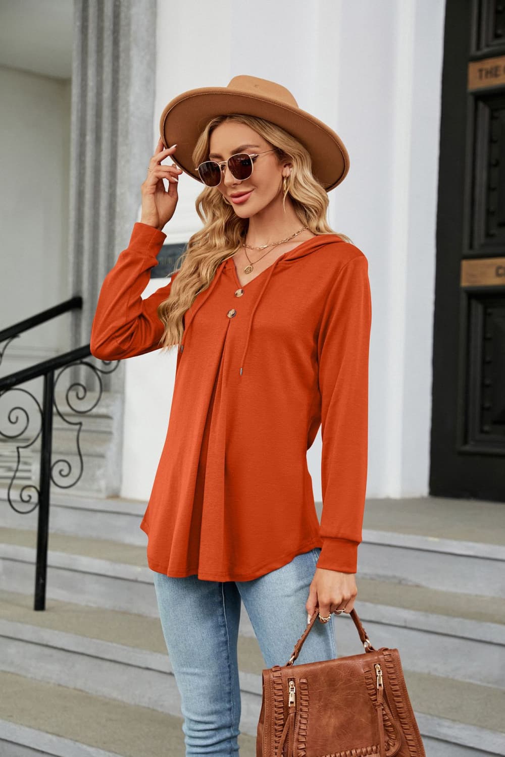 Full Size Long Sleeve Hooded Blouse