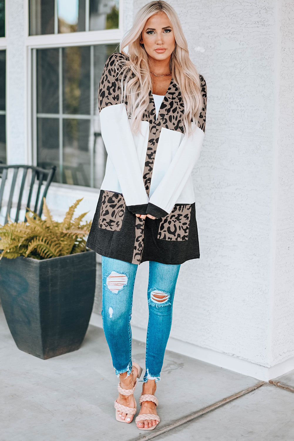 Women's Leopard Print Color Block Longline Cardigan