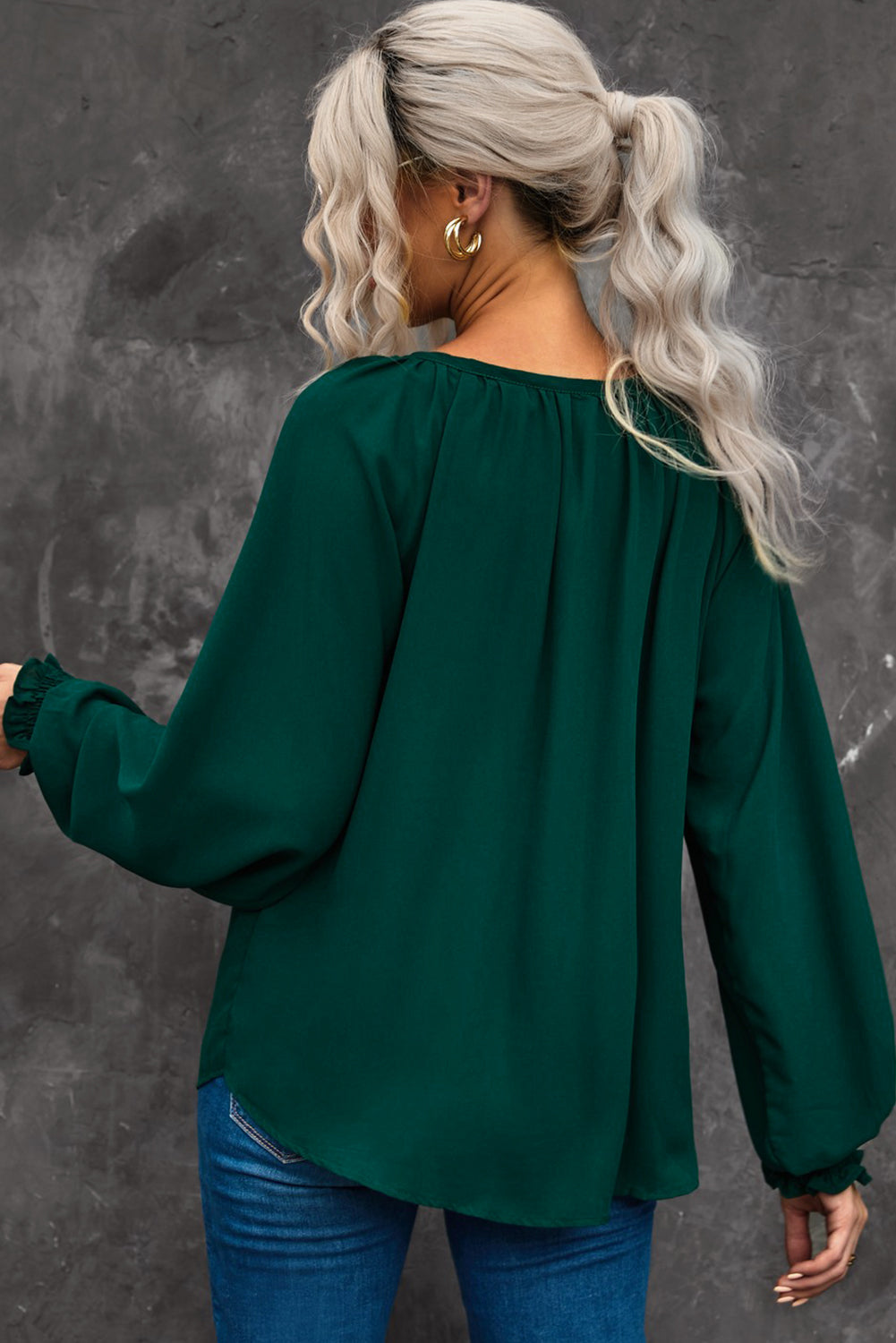 Full Size Notched Neck Lantern Sleeve Blouse