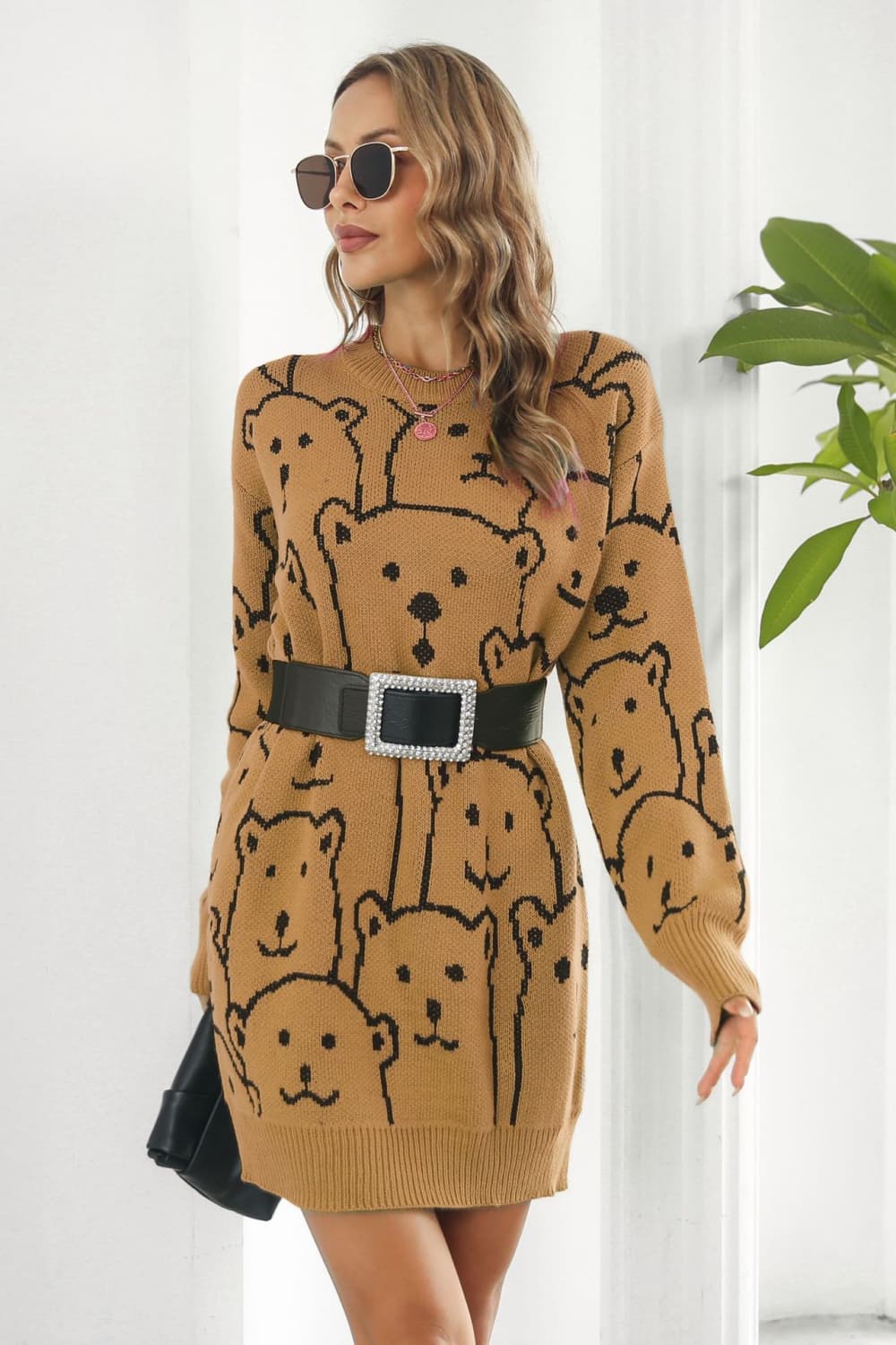 Athena Rea Bear Pattern Round Neck Sweater Dress