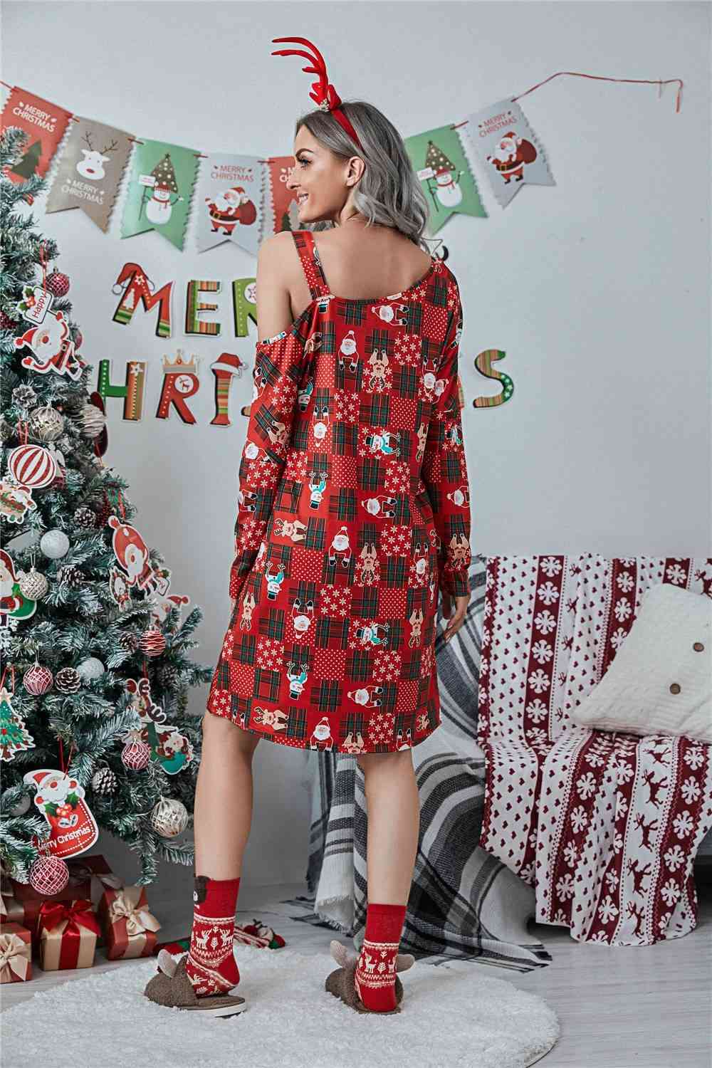 Christmas Asymmetrical Neck Long Sleeve Mini Dress