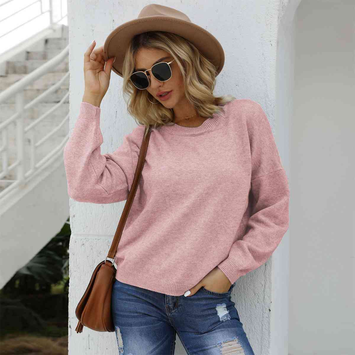 SnuggleTime Round Neck Long Sleeve Drop Shoulder Sweater