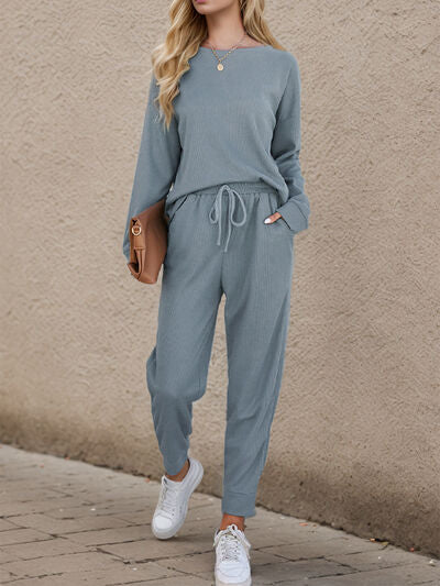 Round Neck Top and Drawstring Cloudy Blue Pants Set