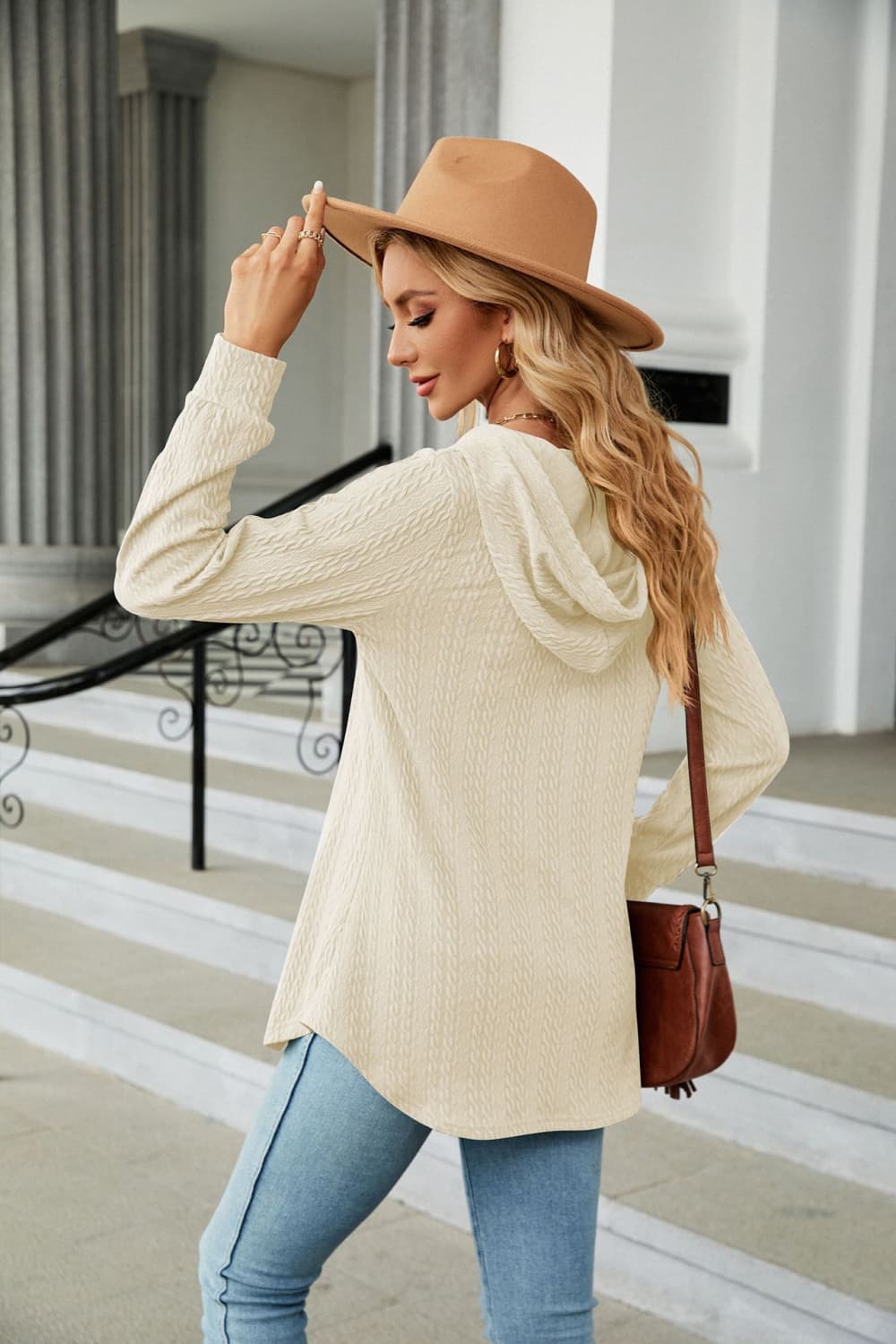 Full Size Long Sleeve Hooded Blouse