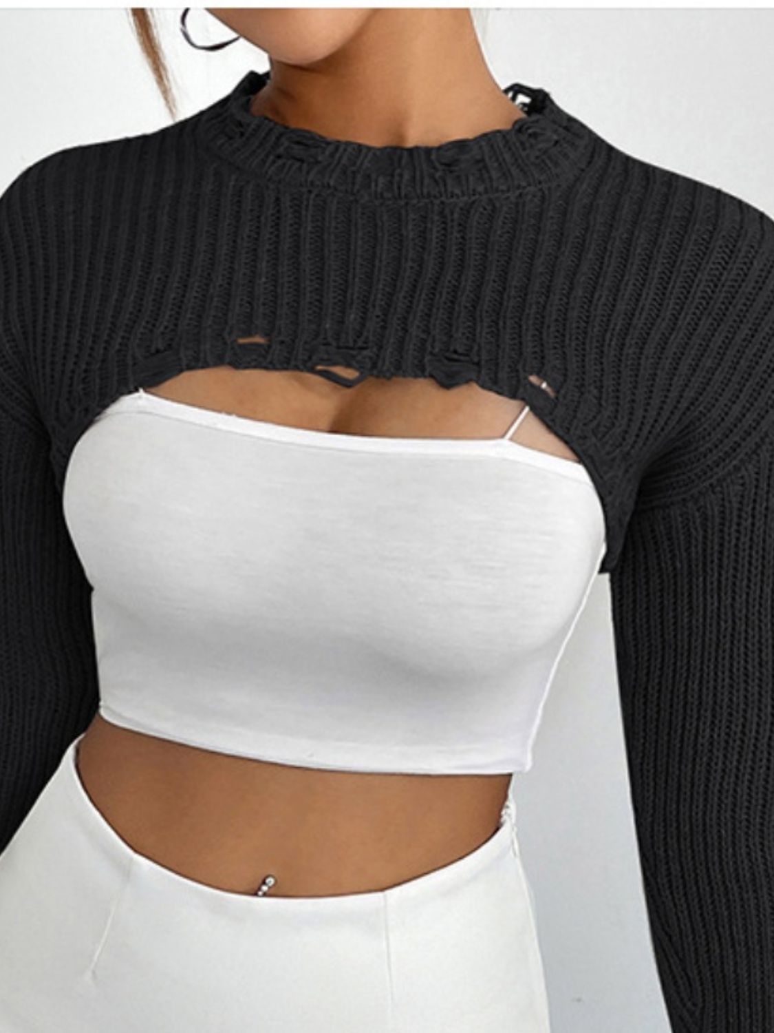 Full Size Distressed Long Sleeve Cropped Sweater