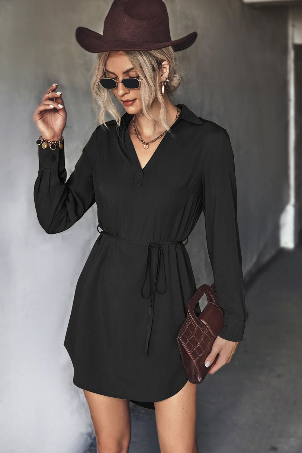 Avery Aria Belted Johnny Collar High-Low Shirt Dress