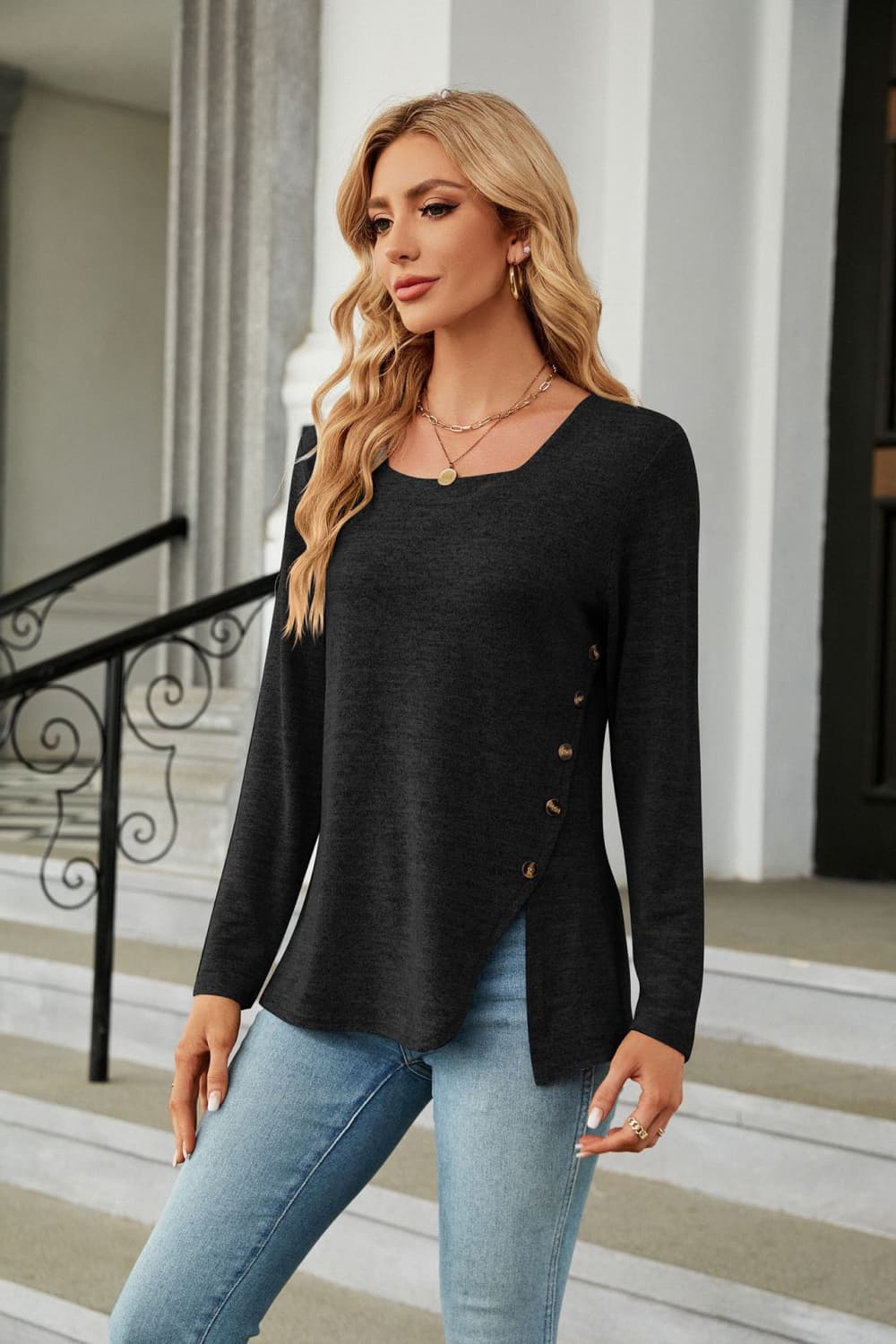 Full Size Square Neck Long Sleeve Slit T-Shirt