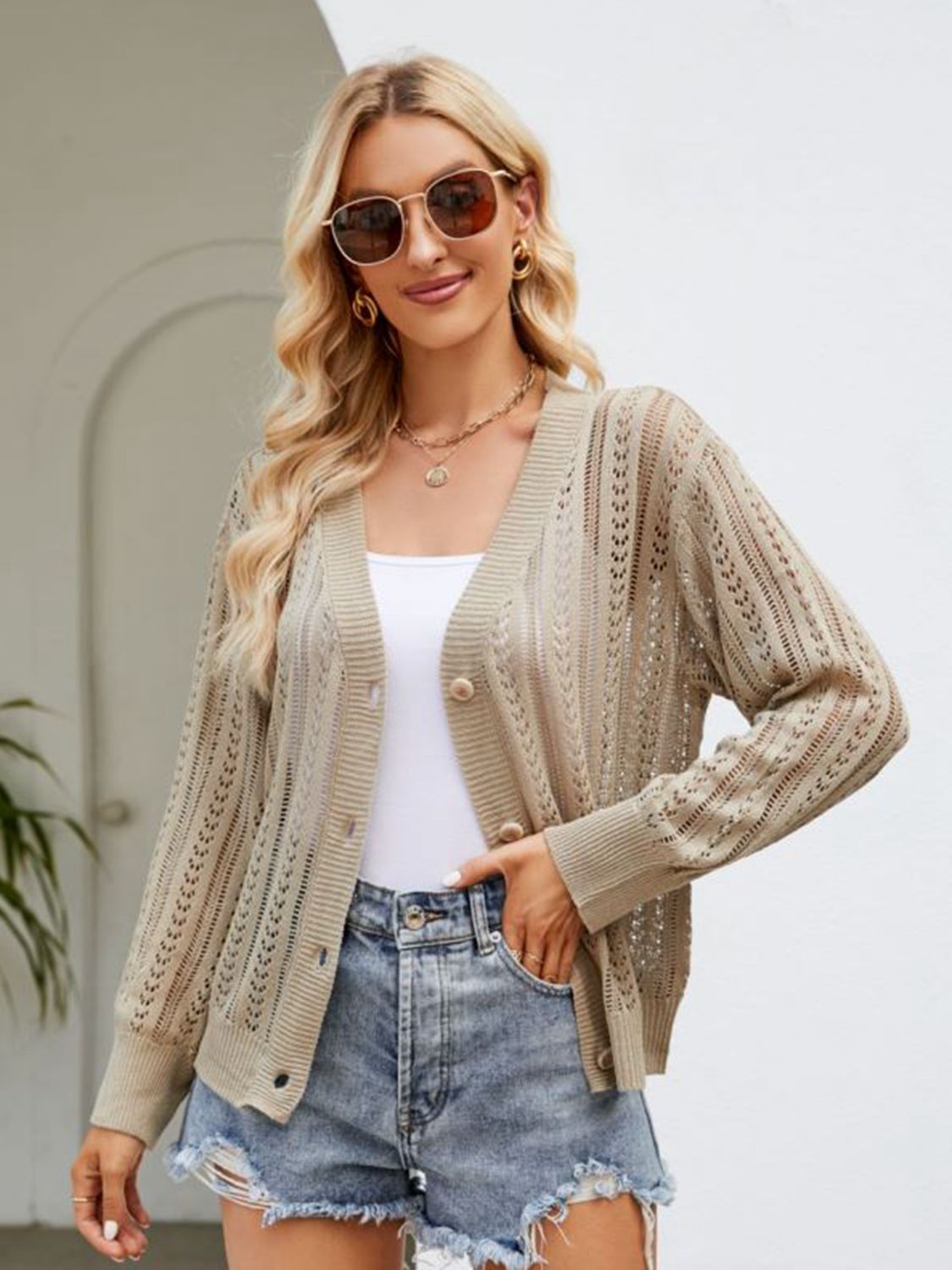 SkyMarie Button Down Ribbed Trim Cardigan